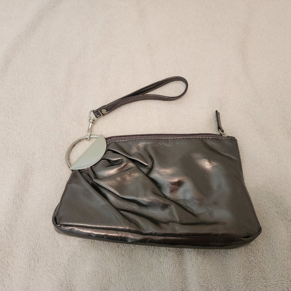 Stylish gray Lulu faux leather clutch with silver zipper & wristlet strap